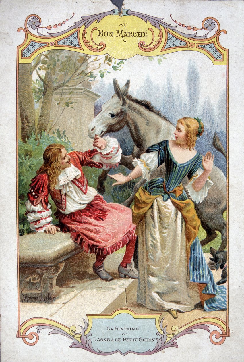 Der Esel und der kleine Hund (Fabel von La Fontaine) - Bon Marché Werbeaufkleber von French School