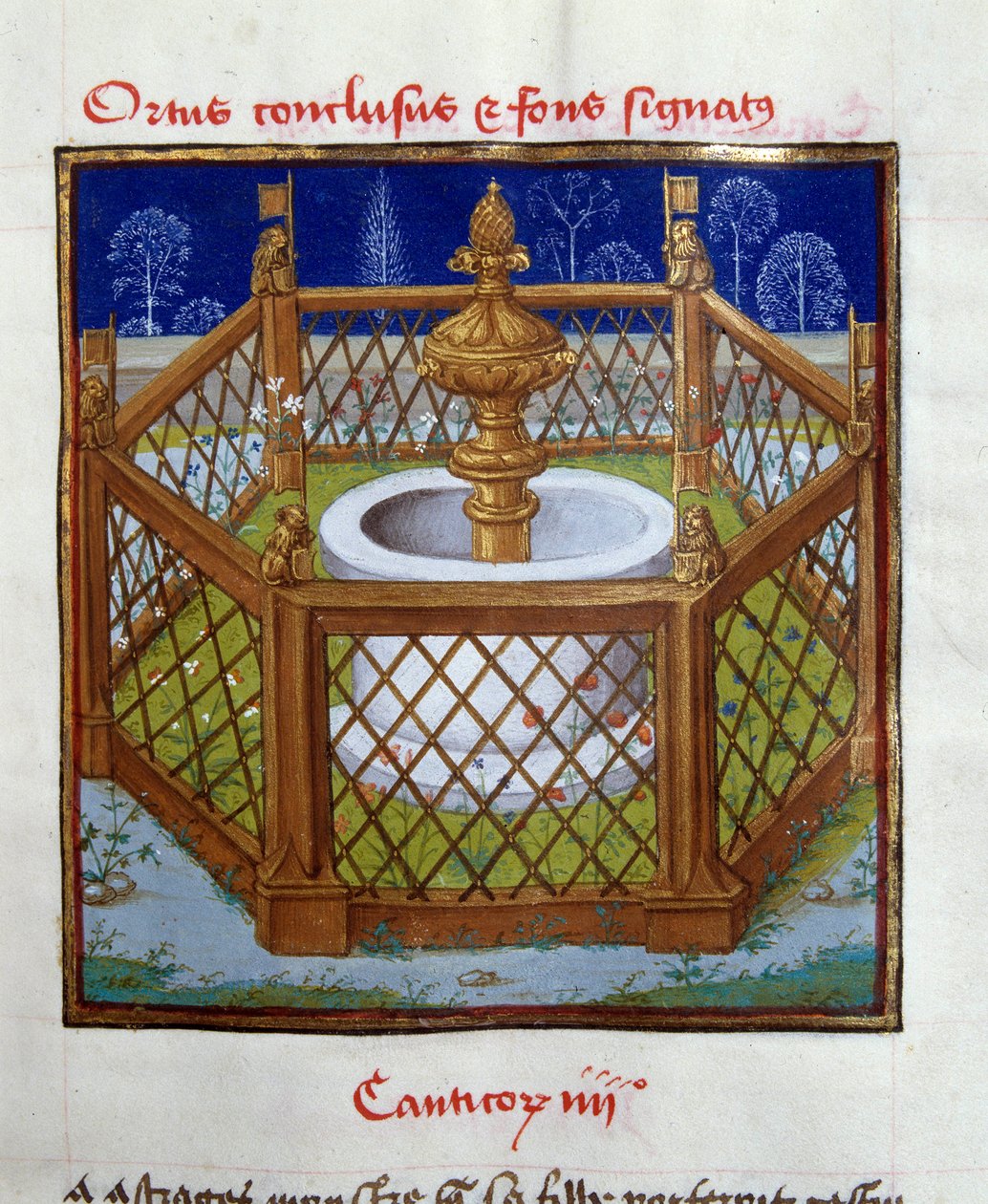Der umschlossene Garten und der Brunnen. Miniatur von Meister von Dreux-Budé aus „Speculum humanae salvationis“. Chantilly, Musée Condé von French School