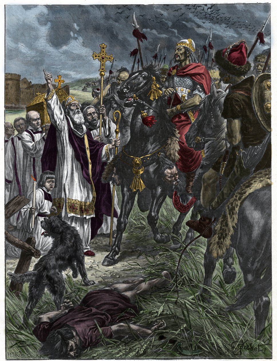 Der Bischof Saint Loup von Troyes stoppt Attila, den König der Hunnen, vor Troyes - Barbarische Invasionen - Gravur nach dem Gemälde von H. Grobert von French School