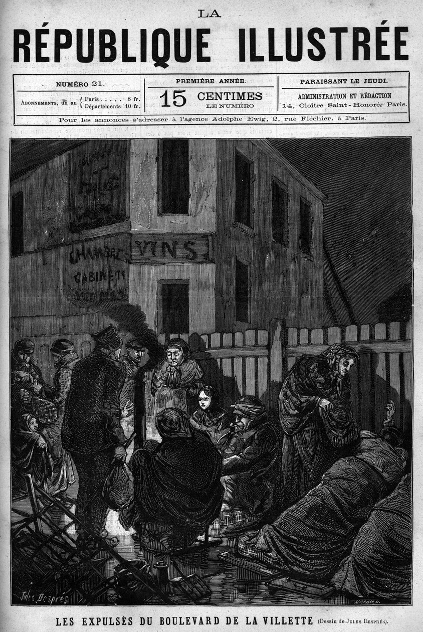 Die Räumungen am Boulevard de la Villette: Arbeiter, die aus einer Pariser Stadt vertrieben wurden, müssen auf der Straße schlafen (S.D.F.). Eine Zeitung. Gravur von 1880 in „La république illustrée“, private Sammlung. von French School