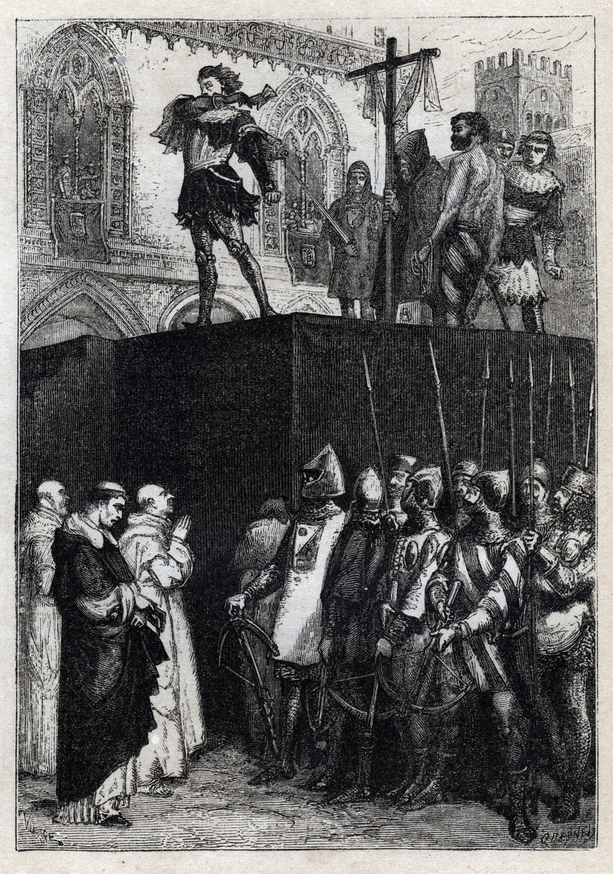 Die Hinrichtung von Conradin (oder Konrad von Hohenstaufen), König von Sizilien und Herzog von Schwaben (1252-1268) auf Befehl von Karl von Anjou nach der Schlacht von Tagliacozzo im Jahr 1268 von French School