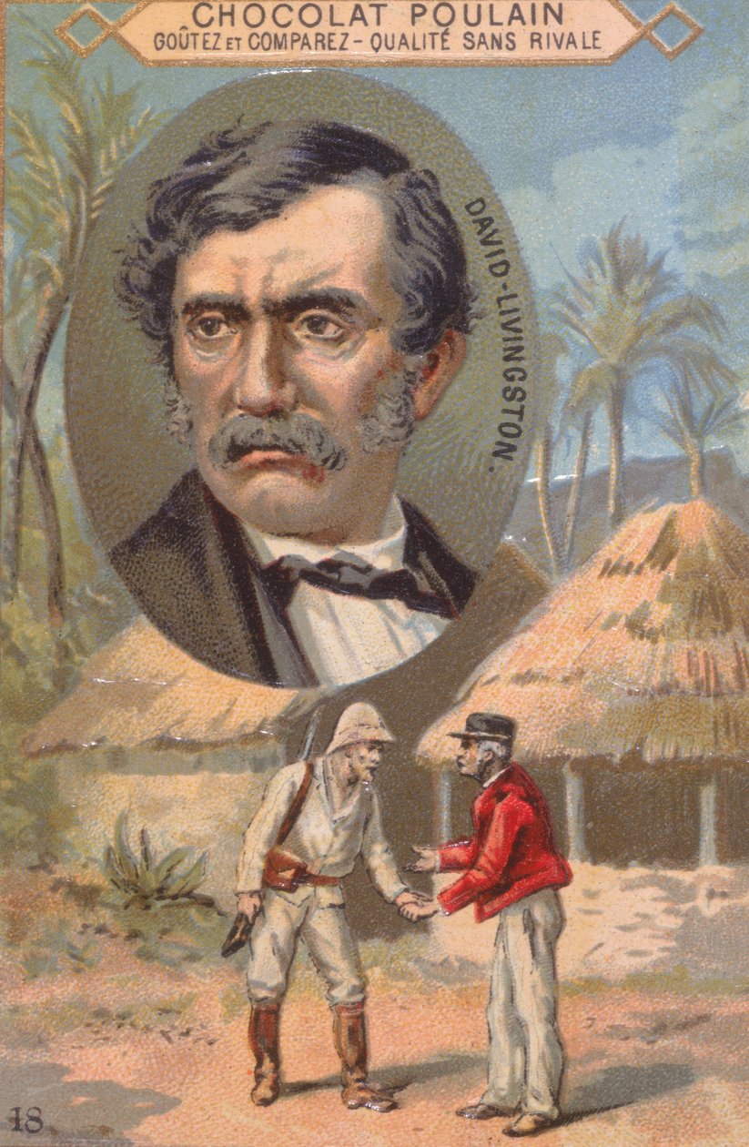 Der Entdecker David Livingstone (1813-73) und sein Treffen mit Stanley (1840-1904) in Ujiji am 27. Oktober 1871, Werbekarte für Poulain-Schokolade von French School