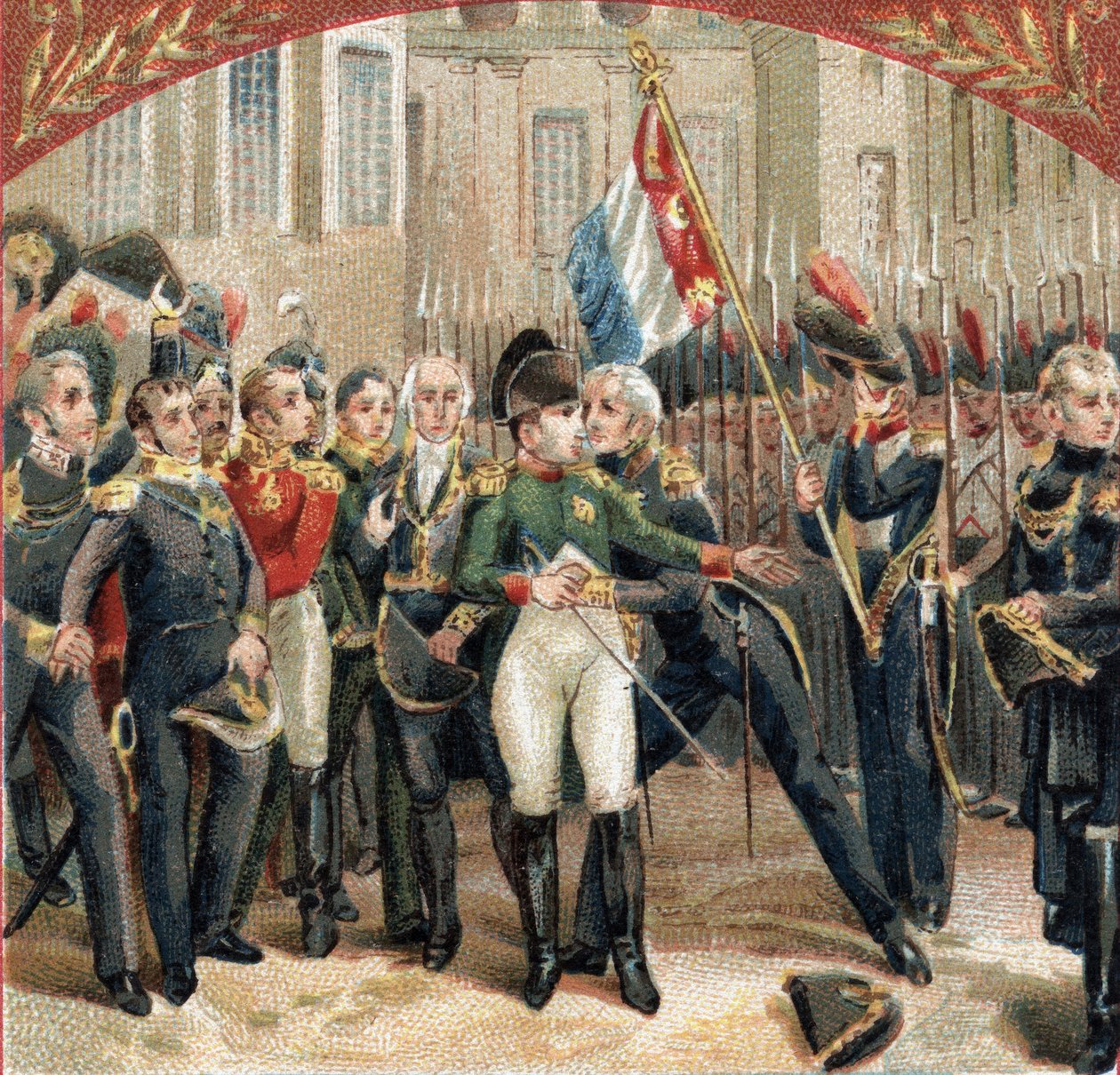 Der Abschied von Napoleon Bonaparte (1769-1821) von der kaiserlichen Garde im Hof von Cheval Blanc im Schloss Fontainebleau am 20.04.1814. Chromolithographie des späten 19. Jahrhunderts von French School