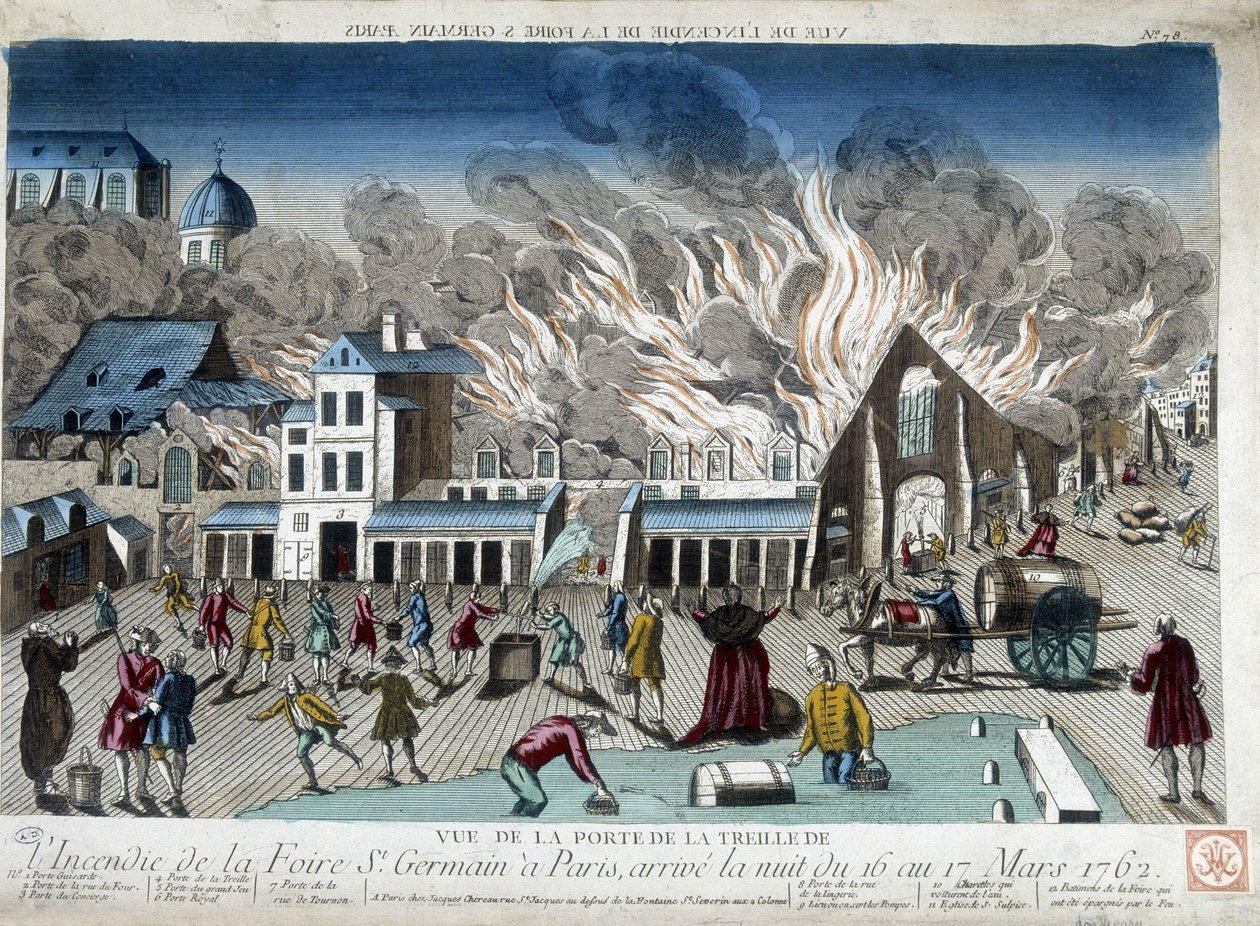 Der Brand der St. Germain Messe in Paris, Nacht vom 16. auf den 17. März 1762 - Gravur von French School