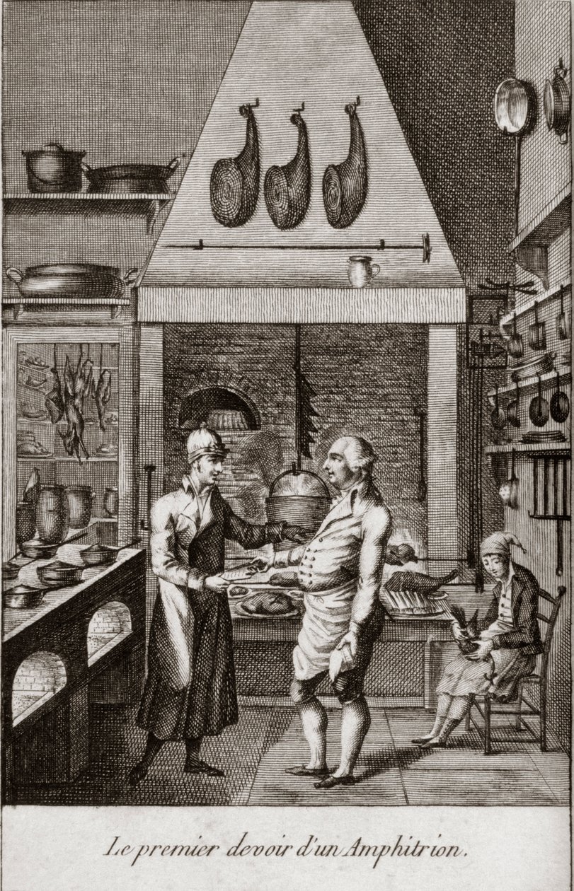 Die erste Pflicht eines Amphitryons - Gravur in "Almanach der Feinschmecker, als Leitfaden für die Art und Weise, ausgezeichnete Speisen zuzubereiten. Von einem alten Amateur" von Alexandre Balthazar Laurent Grimod de la Reyniere - 1804-1812 von French School