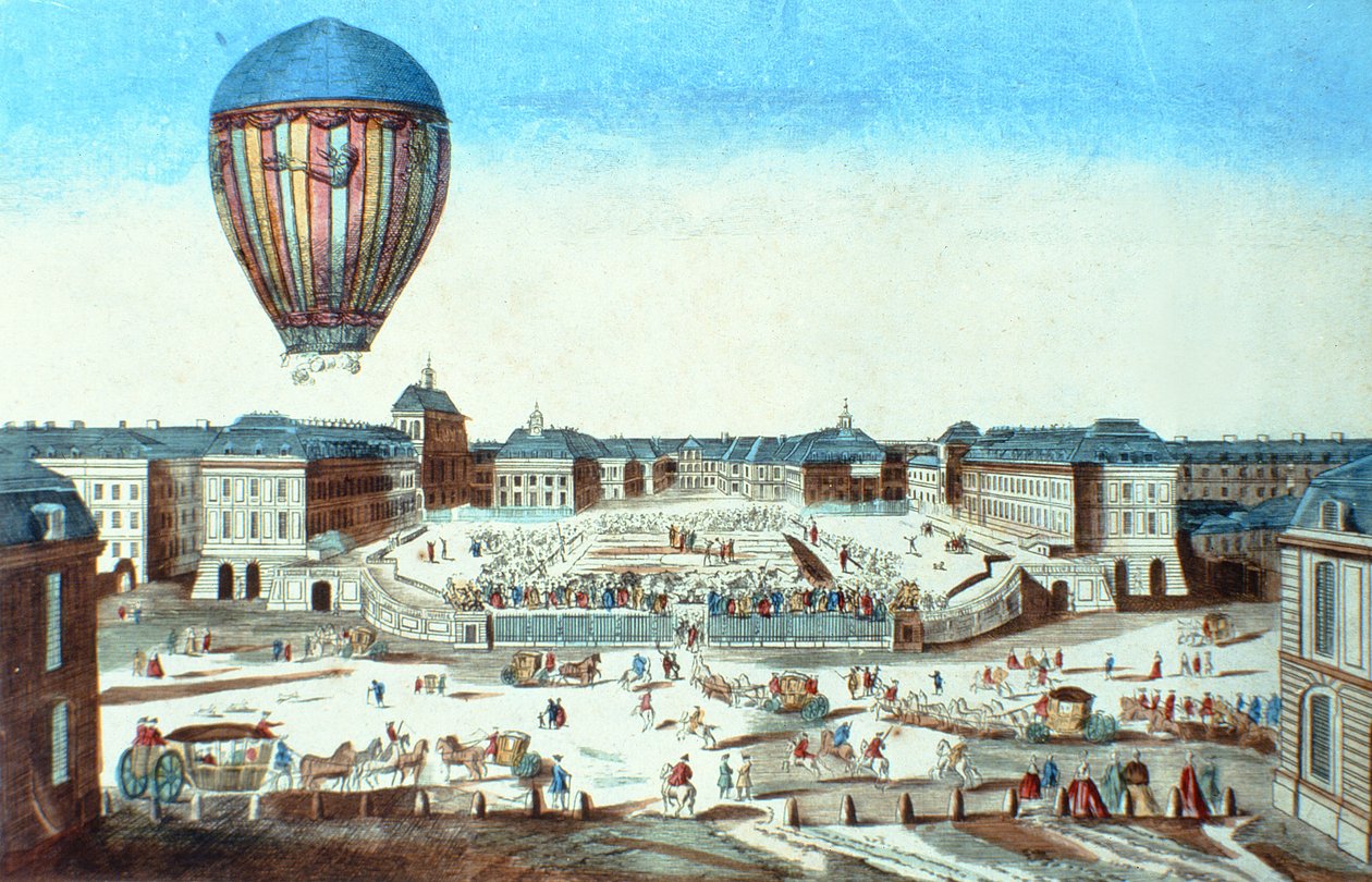 Der erste Flug des Heißluftballons von Pilatre du Rozier, benannt nach seinem Sponsor M. Montgolfier, in Versailles am 23. Juni 1784 von French School