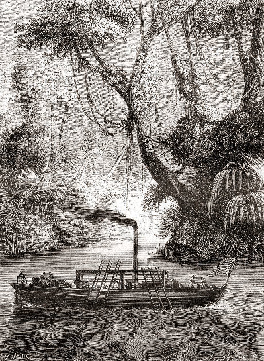 Der erste erfolgreiche Probelauf von John Fitchs Dampfschiff Perseverance auf dem Delaware River, Amerika, 22. August von French School