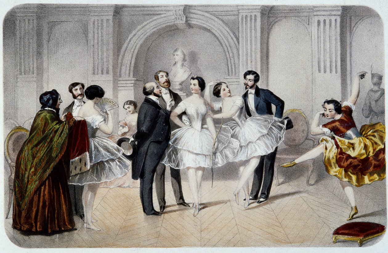 Das Foyer der Oper (Oper Garnier in Paris). Eine Tutu-Tänzerin plaudert mit Herren, die sie begrüßen oder ein paar Tanzschritte machen. Gravur von French School