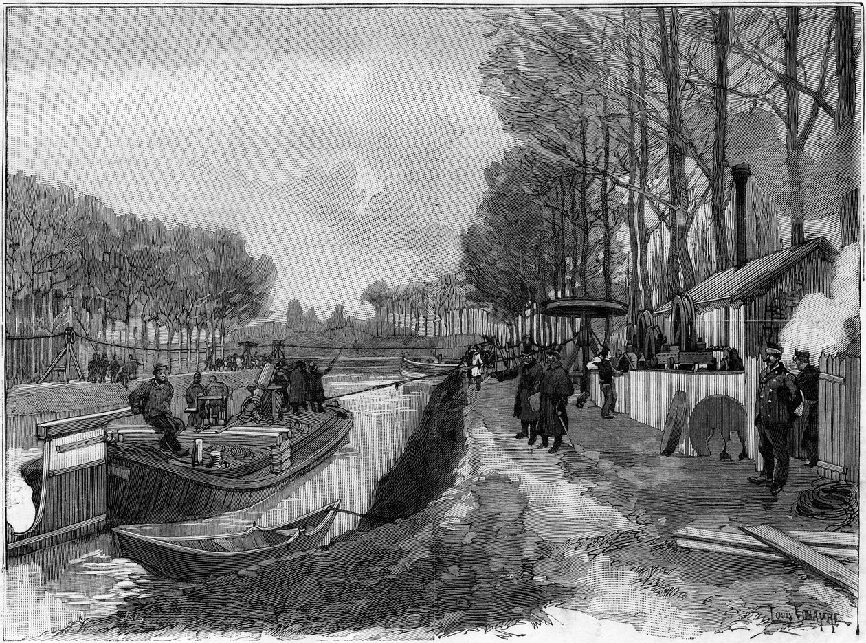 Der Seilzug von Booten auf den Kanälen in Joinville-le-Pont nach dem System von Maurice Lévy von French School