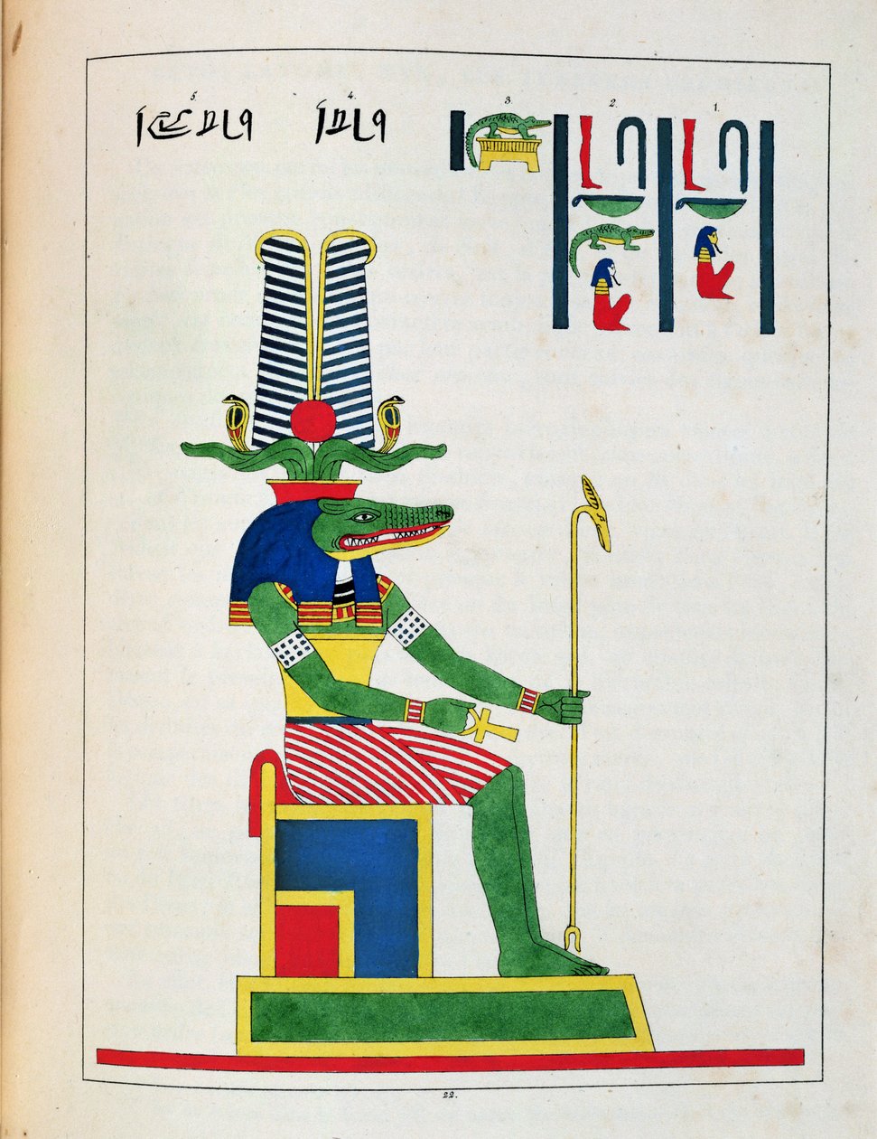 Der Gott Sovk, Illustration aus Pantheon égyptien: Sammlung mythologischer Figuren des alten Ägypten, von Jean-Francois Champollion, veröffentlicht ca. 1986 von French School