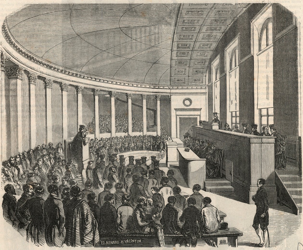 Das große Amphitheater während eines Wettbewerbs an der juristischen Fakultät in Paris - Gravur in „Tableau-de-Paris“ von Edmond Texier 1852 von French School