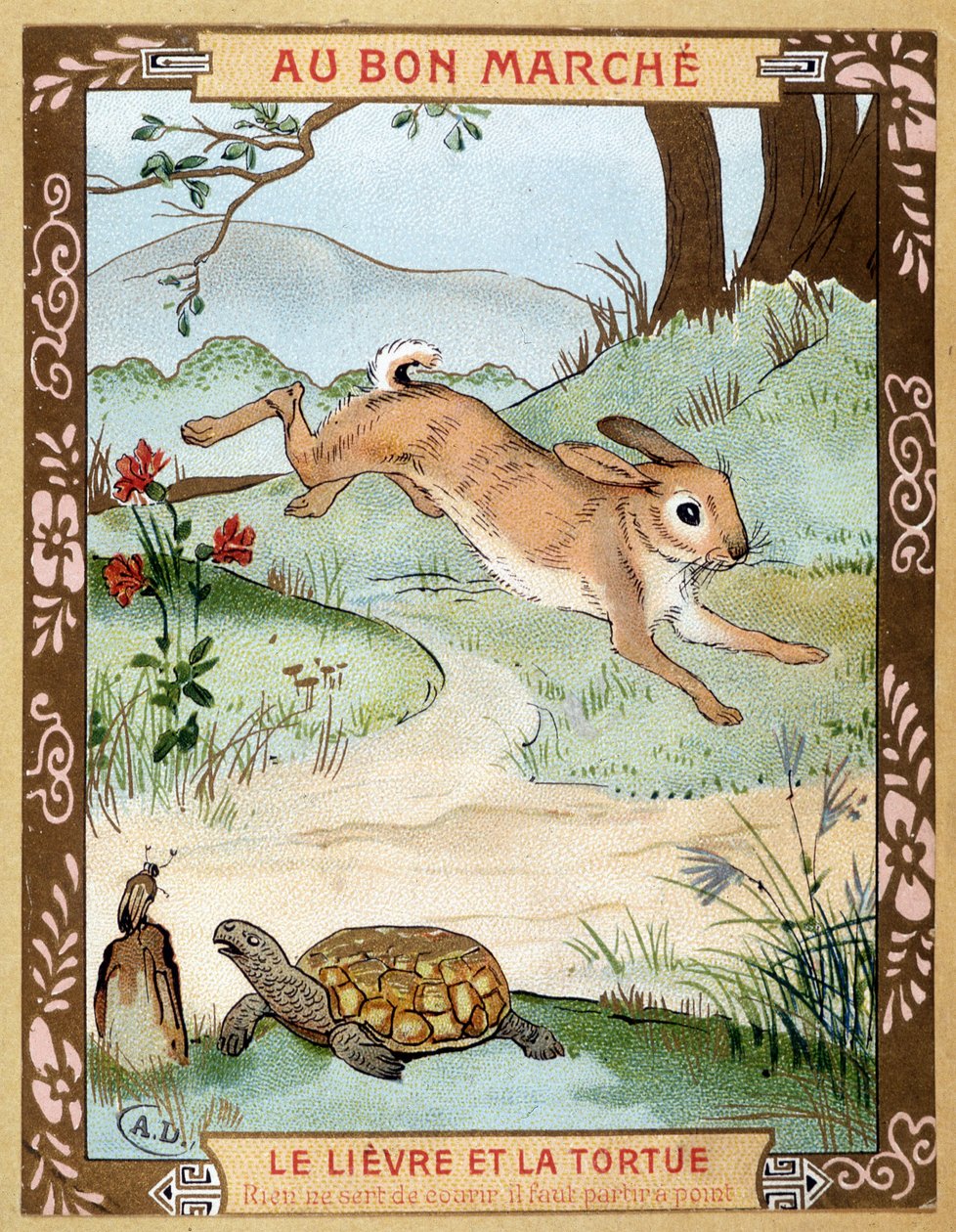 Der Hase und die Schildkröte (Fabel von La Fontaine) - Bon Marché Werbeaufkleber, Ende des 19. Jahrhunderts von French School