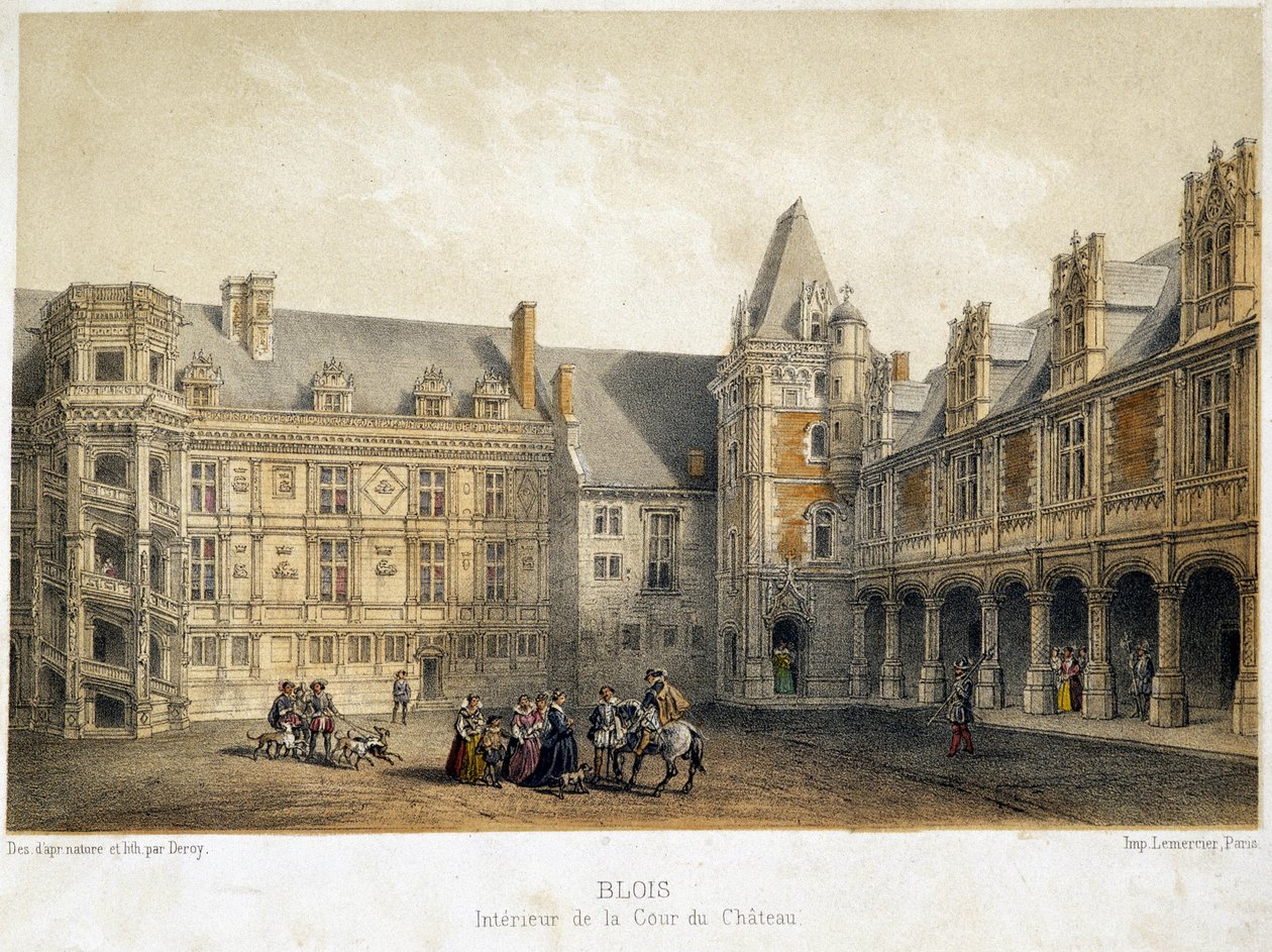 Das Innere des Hofes des Schlosses von Blois zur Zeit von Franz I. (16. Jahrhundert) - Lithographie von French School