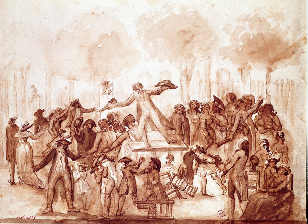 Der Journalist Camille Desmoulins (1760-1794) rief die Patrioten in den Gärten des Königspalastes auf. Erste Szene der Französischen Revolution in Paris, 12. Juli von French School