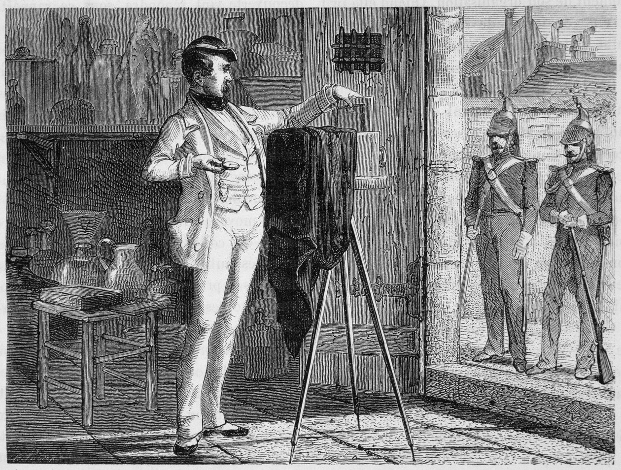 Das Labor von Niepce de Saint-Victor im Polizeiraum der Kaserne der städtischen Wache im Faubourg Saint-Martin, 1848 - in „Die Wunder der Wissenschaft“ von Louis Figuier von French School
