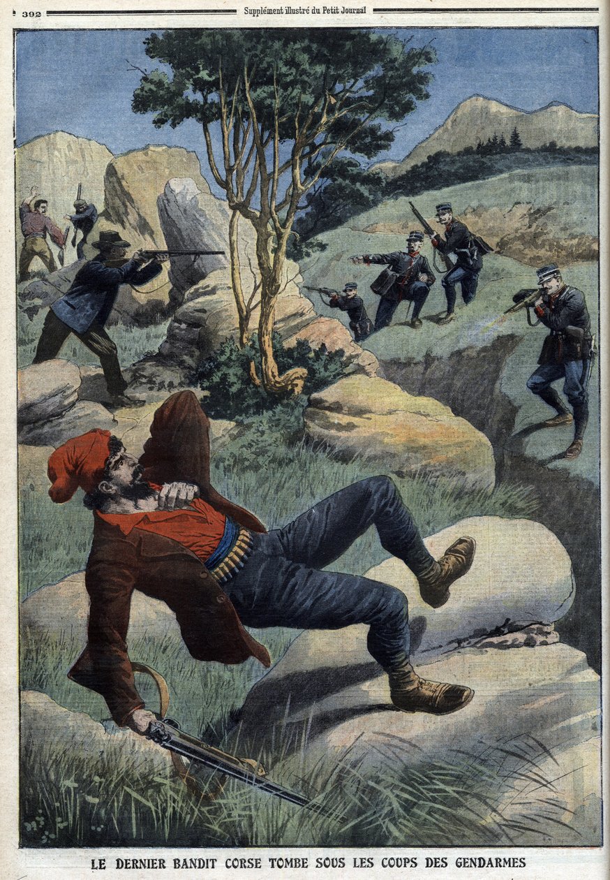 Der letzte korsische Bandit fällt unter den Schlägen der Gendarmen - „Le Petit Journal“ vom 5. Dezember 1909 (Gravur) von French School
