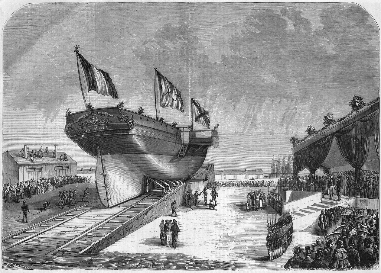 Der Stapellauf des Liners Quirinal in La Seyne im Jahr 1857 (Compagnie des Messageries Maritimes). Gravur von 1857. von French School