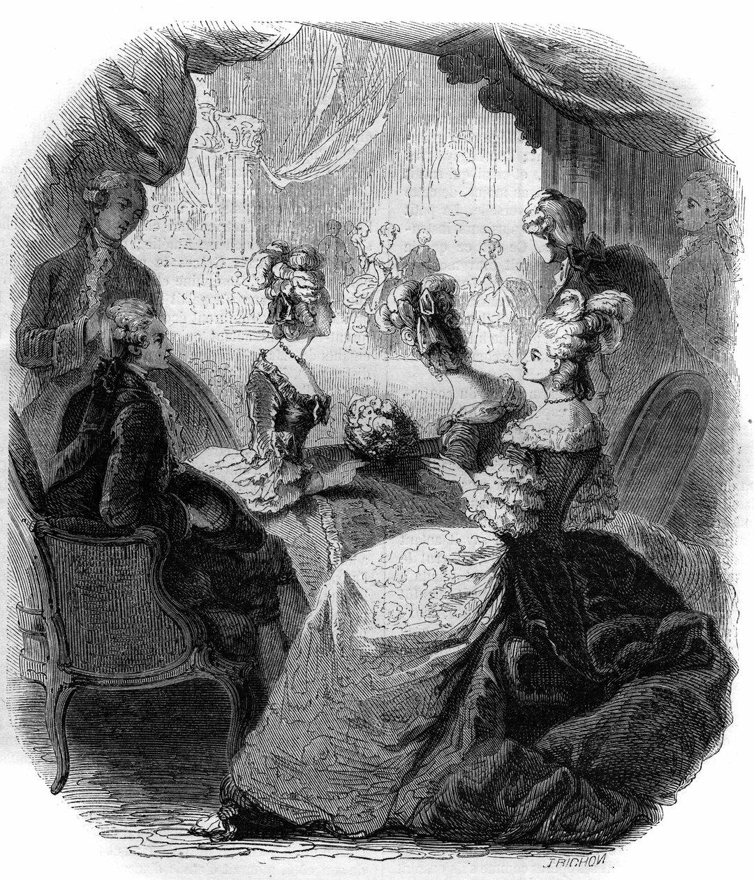 Die Loge der Dauphine Marie Antoinette (1755-1793) während der Aufführung von Christoph Willibald Glucks Oper „Iphigenie en Aulide“ (1714-1787) im Jahr 1774. Gravur von 1856 von French School