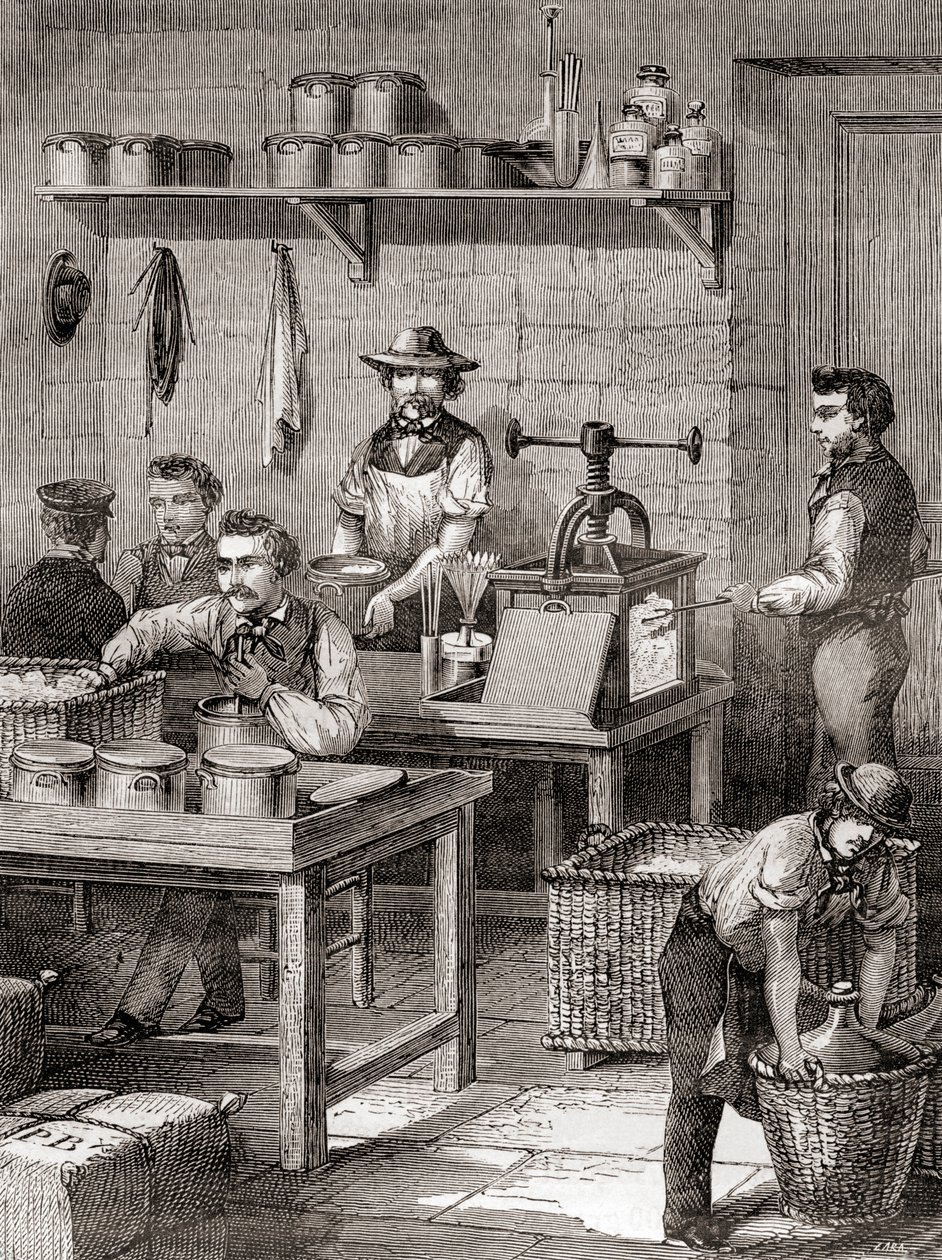 Die Herstellung von Schießbaumwolle im 19. Jahrhundert, aus Les Merveilles de la Science, veröffentlicht um 1870 (Stich) von French School
