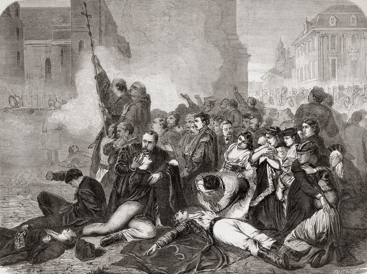 Das Massaker an Zivilisten auf dem Schlossplatz in Warschau am 8. April 1861 durch russische Infanterie und Kavallerie, aus "L