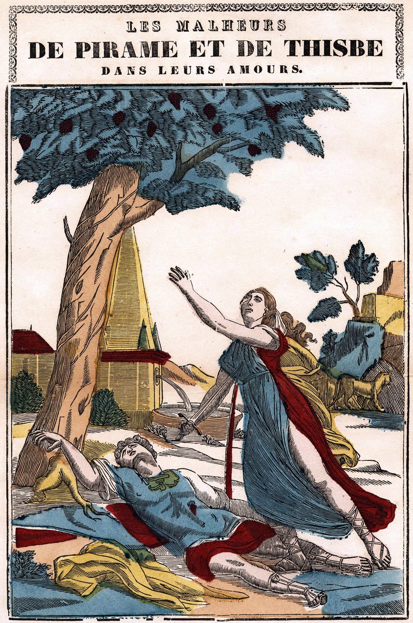 Die Unglücke von Pyramus und Thisbe in ihrer Liebe, erzählt von Ovid in „Die Metamorphosen“. Epinal-Bild von French School