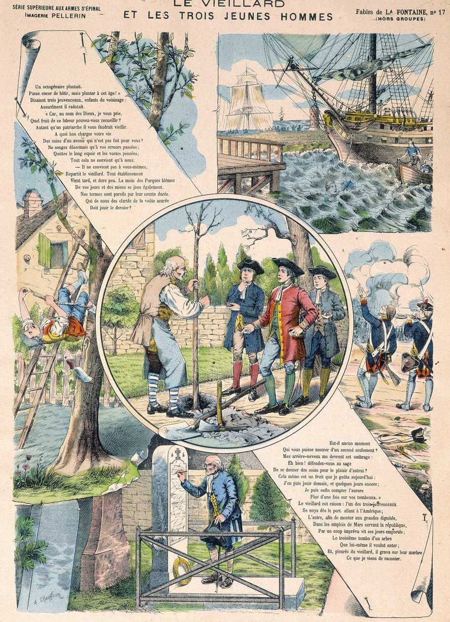 Der alte Mann und die drei jungen Männer - Fabeln von La Fontaine in Bildern von Epinal von French School