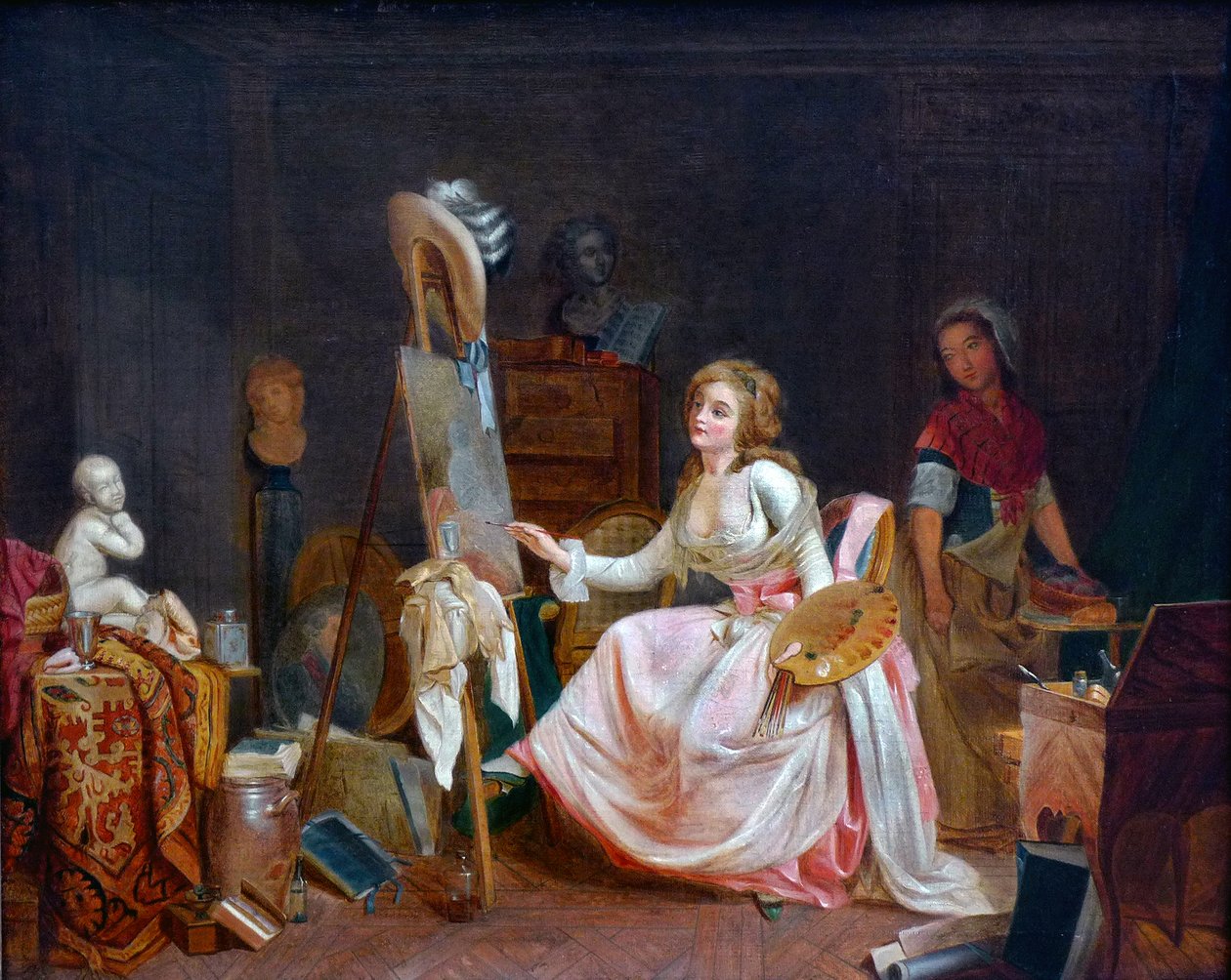 Das Atelier des Malers. Junge Frau malt ein Bild von French School