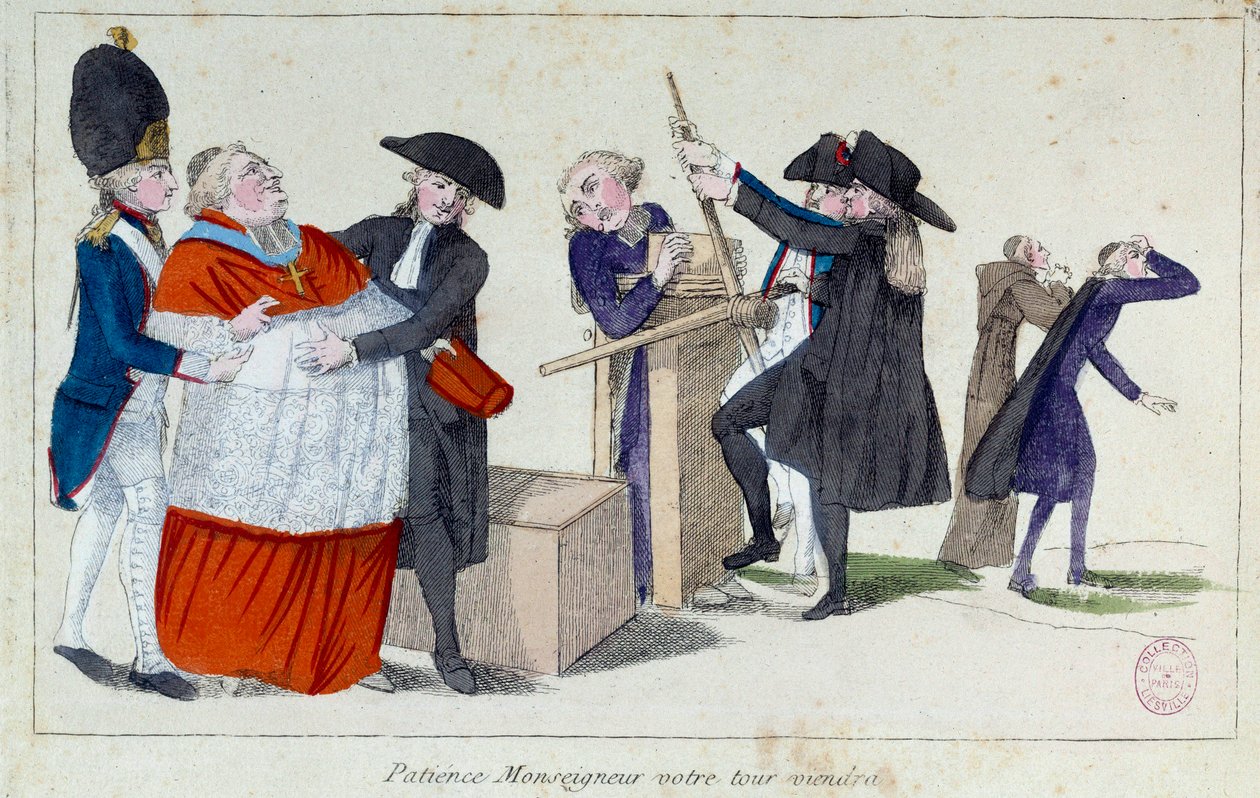 Der patriotische Entfetter: „Geduld, mein Herr, Ihre Zeit wird kommen.“ Karikatur, die die Charaktere der Kirche darstellt, die in einem Schlachthof ihre Entfettung als Symbol ihres Reichtums verlieren. Gravur des 18. Jahrhunderts. Paris, Musee Carnavalet von French School
