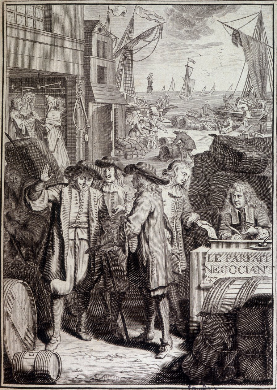 Die perfekte Verhandlung (Abschluss eines Marsches in einem Hafen im 18. Jahrhundert) - Frontispiz eines Werkes von Jacques Savary von French School