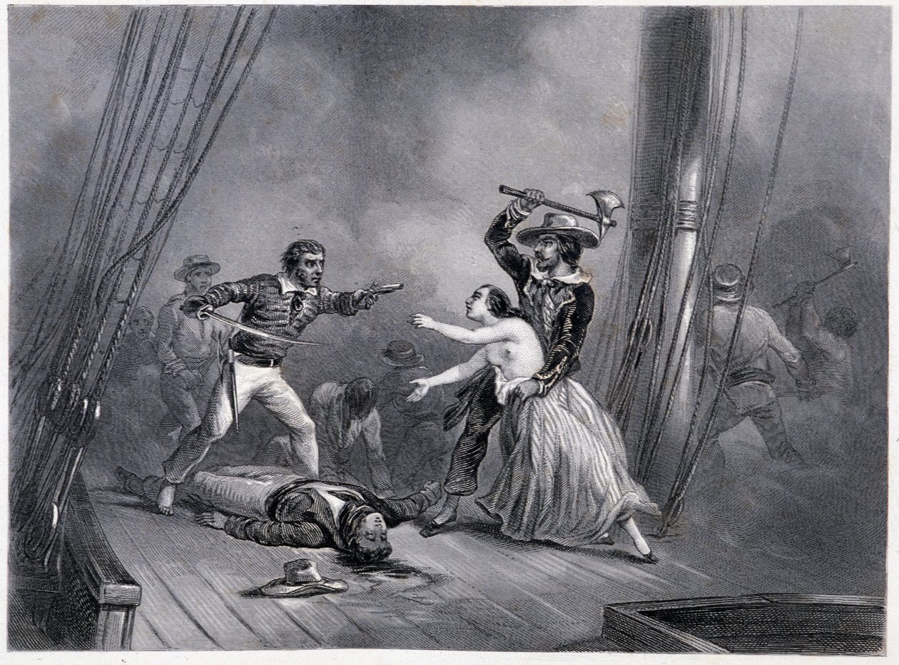 Der Pirat Morgan entführt die schöne Spanierin - in „Allgemeine Geschichte der Marine“ von E und V Penaud Brüdern von French School