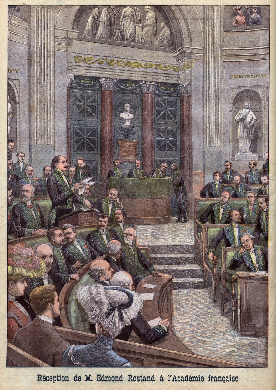 Der Dichter und Dramatiker Edmond Rostand wird in die Académie Française aufgenommen für „Le Petit Journal“ von French School