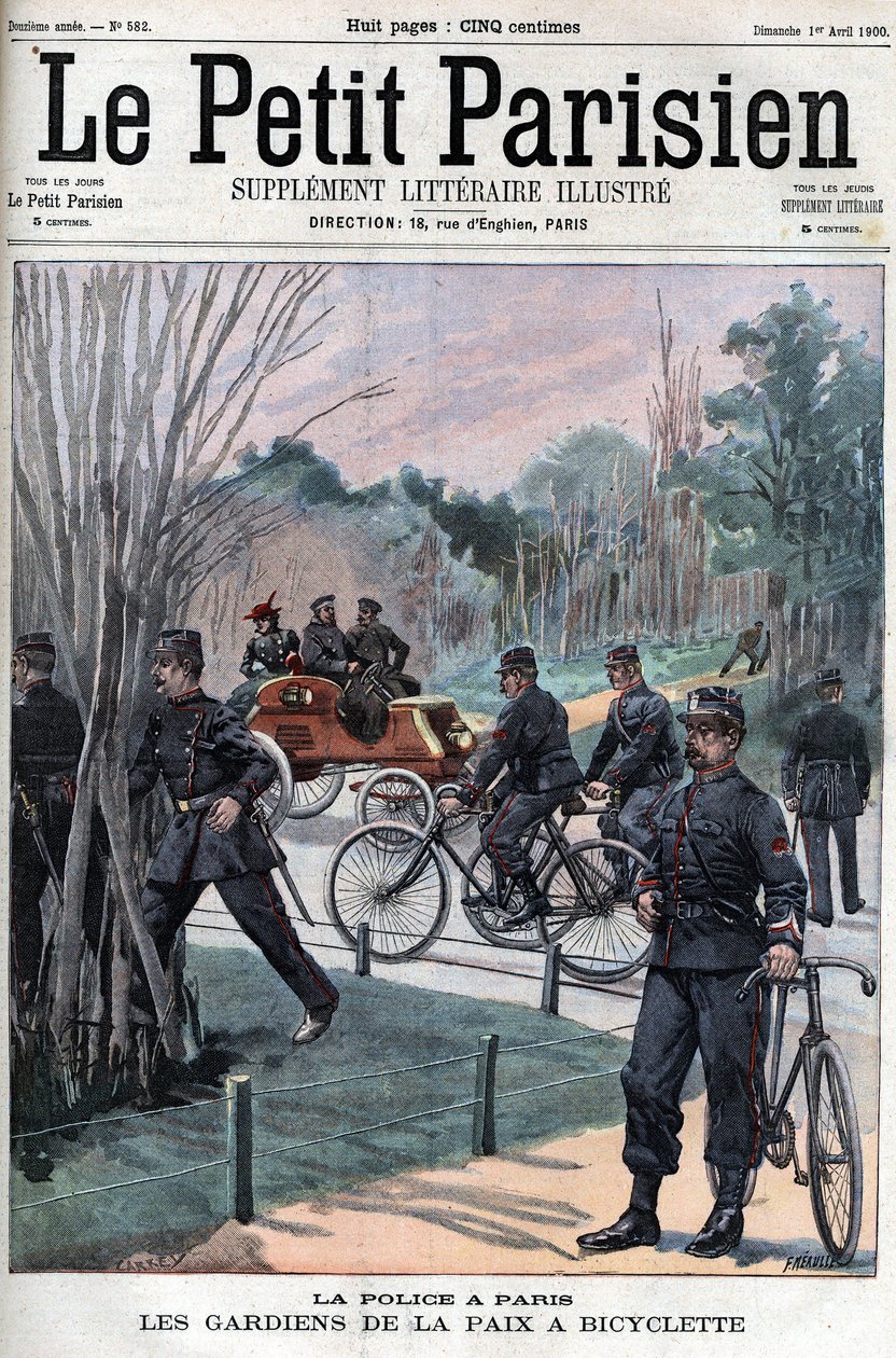 Die Polizei in Paris, die Friedenswächter auf Fahrrädern. - in „Le Petit Parisien“ von French School