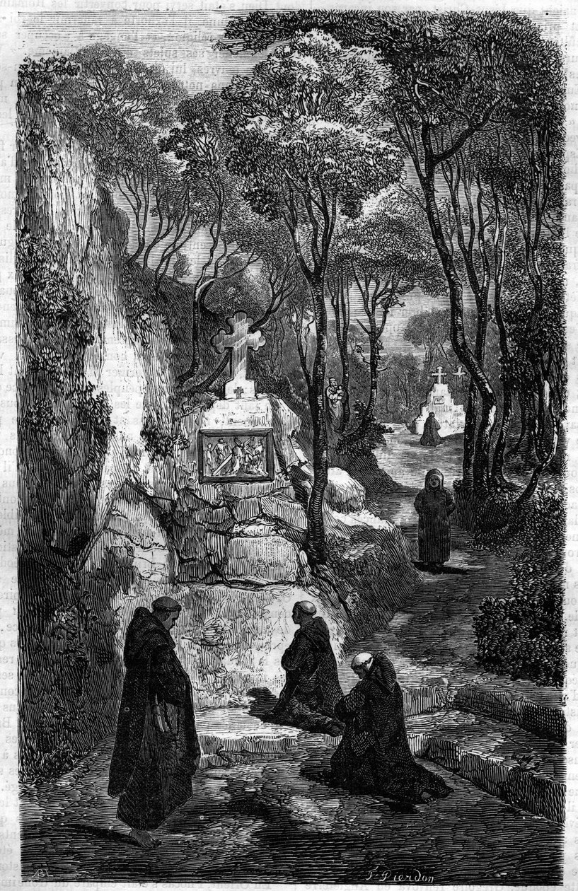 Die Mönche von Saint Benoit (Saint Benoit) im Gebet. Stich in „Histoire des Papes-Rois-Reines-et-Empereurs à travers les siècles“ von Maurice Lachatre von French School