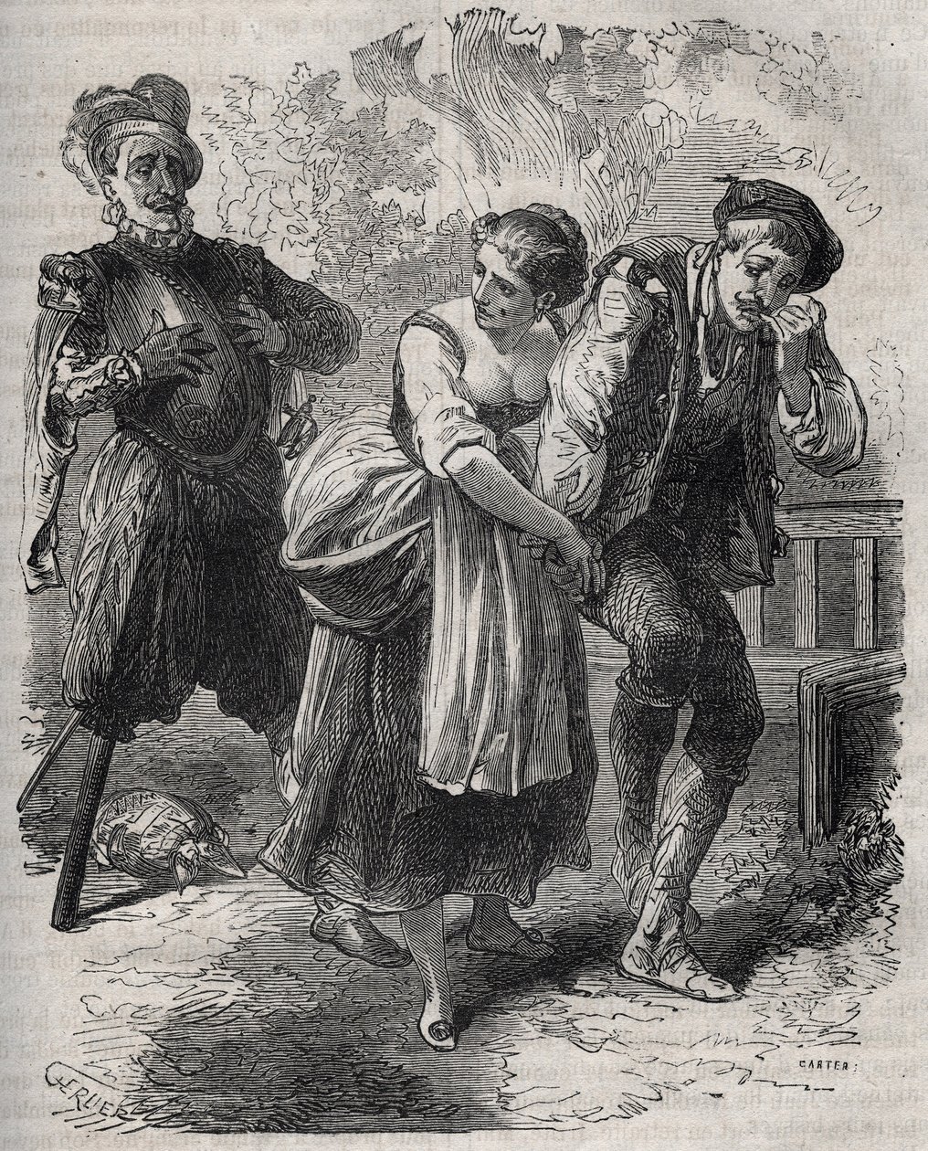 Die Rückkehr von Martin Guerre (um 1524 um 1560): Er erschien vor seiner Frau, Bertrande de Rols, und demjenigen, der seine Identität usurpiert hatte, dem Betrüger Arnaud du Tilh (Thil). Gravur von 1871 in „Histoire Des Cocus Celebres“ von Henry de Kock (1 von French School