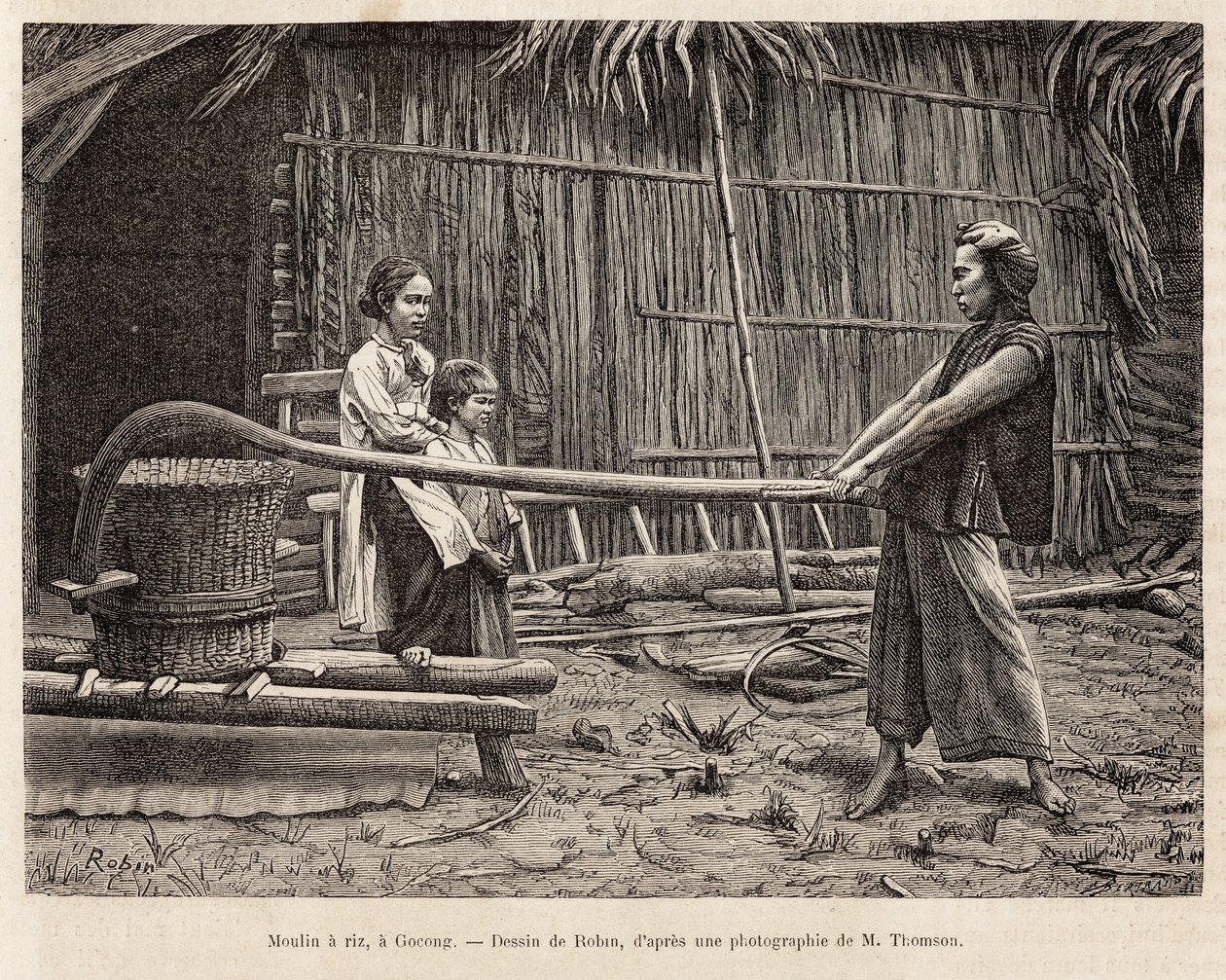 Die Reismühle vor dem Haus eines Bauern in Gocong, Gravur nach einer Zeichnung von Robin, die die Reise nach Cochinchina, von Doktor Morice, im Jahr 1872 illustriert, veröffentlicht in „Le tour du monde“ 1875, herausgegeben von Edouard Charton, Hachette Ed von French School