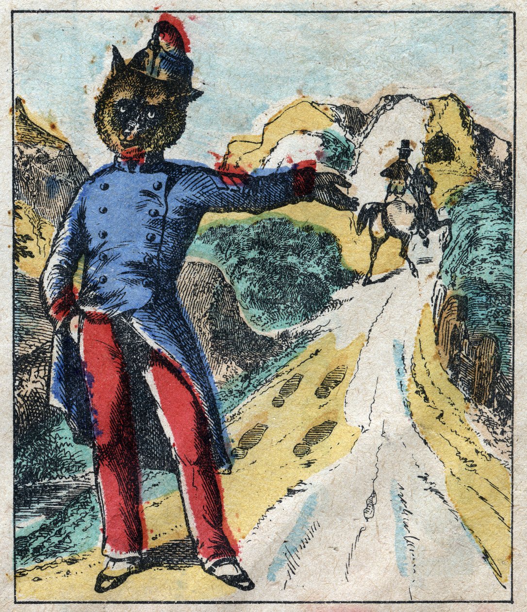 Der kranke Löwe und der Fuchs. Fabeln von Jean de La Fontaine (1621-95). Epinal-Bild vom Ende des 19. Jahrhunderts von French School