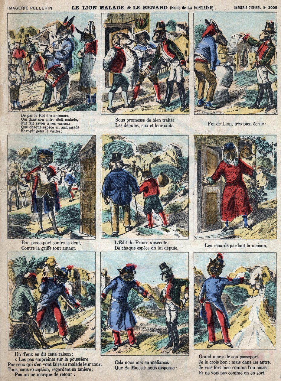 Der kranke Löwe und der Fuchs. Fabeln von Jean de La Fontaine (1621-95). Epinal-Bildgebung Ende des 19. Jahrhunderts. von French School