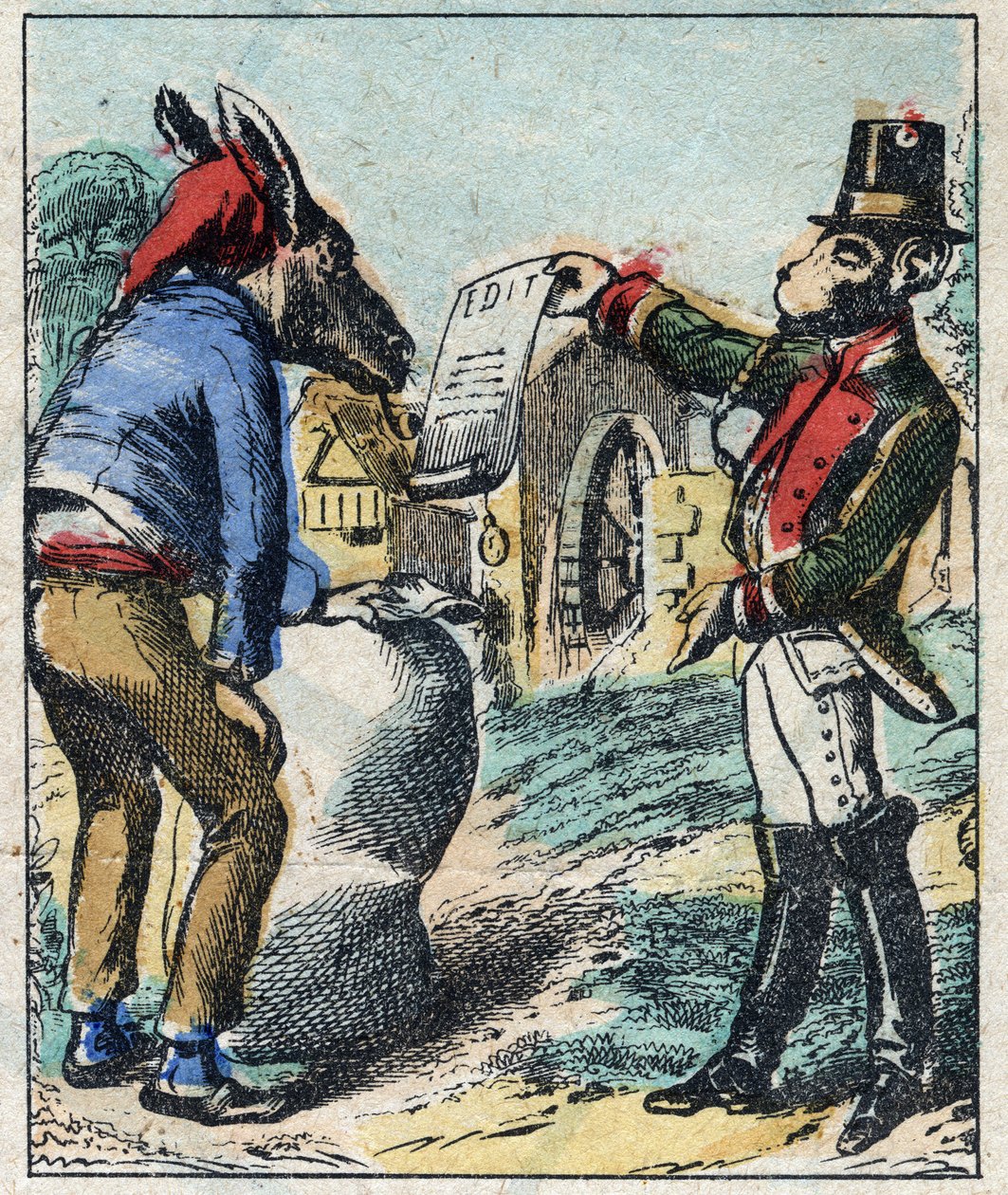 Der kranke Löwe und der Fuchs. Fabeln von Jean de La Fontaine (1621-95). Epinal-Bildgebung Ende des 19. Jahrhunderts. von French School