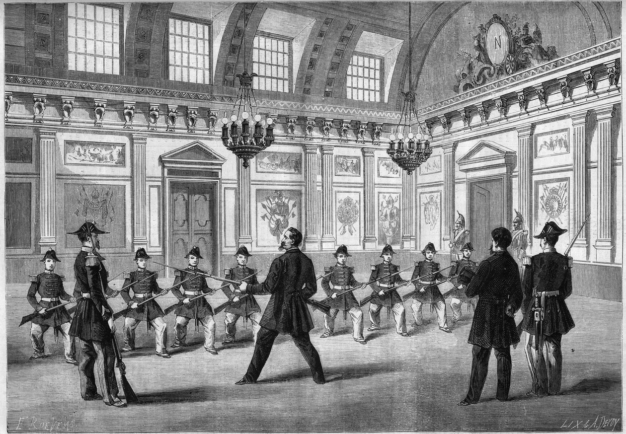 Der Sohn von Napoleon III., Prinz Imperial (1856-1879), übt Waffen mit den Wachen, vor seinem Vater Kaiser Napoleon III. (1808-1873), im Wachraum des Schlosses von Compiegne. Gravur in „Le Monde Illustré“ Nr. 349 vom 19. Dezember von French School