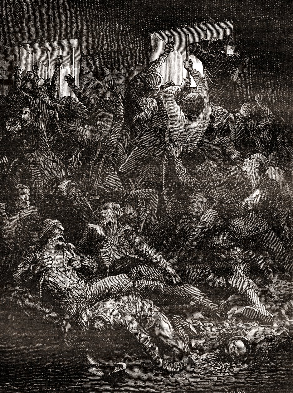 Das Leiden und der Tod aufgrund schlechter Belüftung englischer Gefangener im Schwarzen Loch von Kalkutta, einem kleinen Kerker im alten Fort William in Kalkutta, Indien, wo Truppen des Nawab von Bengalen, Siraj ud-Daulah, britische Kriegsgefangene nach de von French School