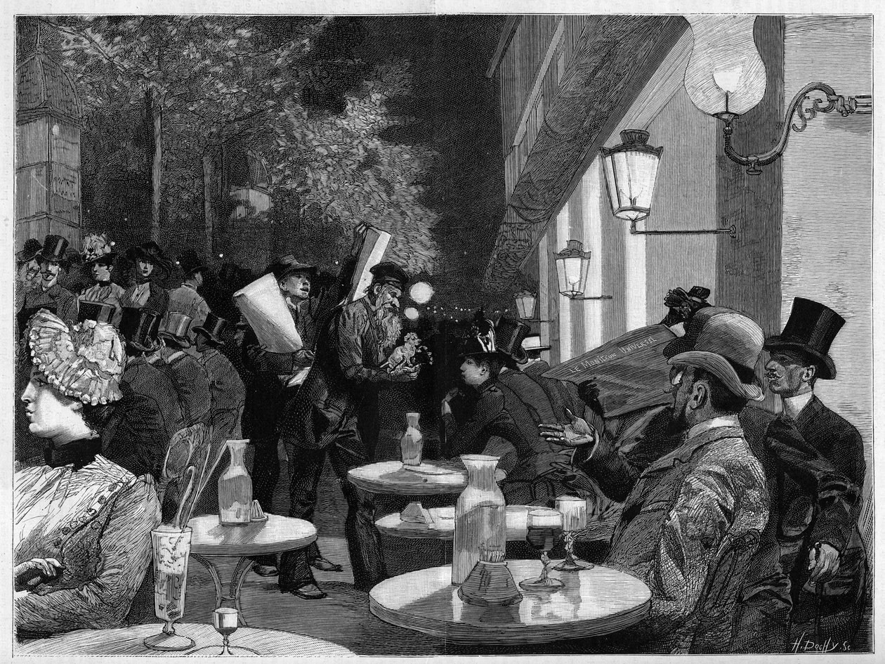 Die Terrasse eines Cafés am Boulevard um Mitternacht in Paris. Gravur in „Die illustrierte Welt“ von French School