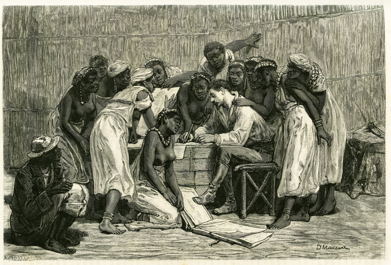 Der Besuch der Königinnen, die sechzehn Ehefrauen von König Sepopo, in Dr. Holubs Kiste. Gravur von D. Maillard, zur Illustration der Geschichte „Im Land der Marutses“, in den Jahren 1875-1879, von Dr. Emile Holub (1847-1902). Veröffentlicht in Le tour du  von French School