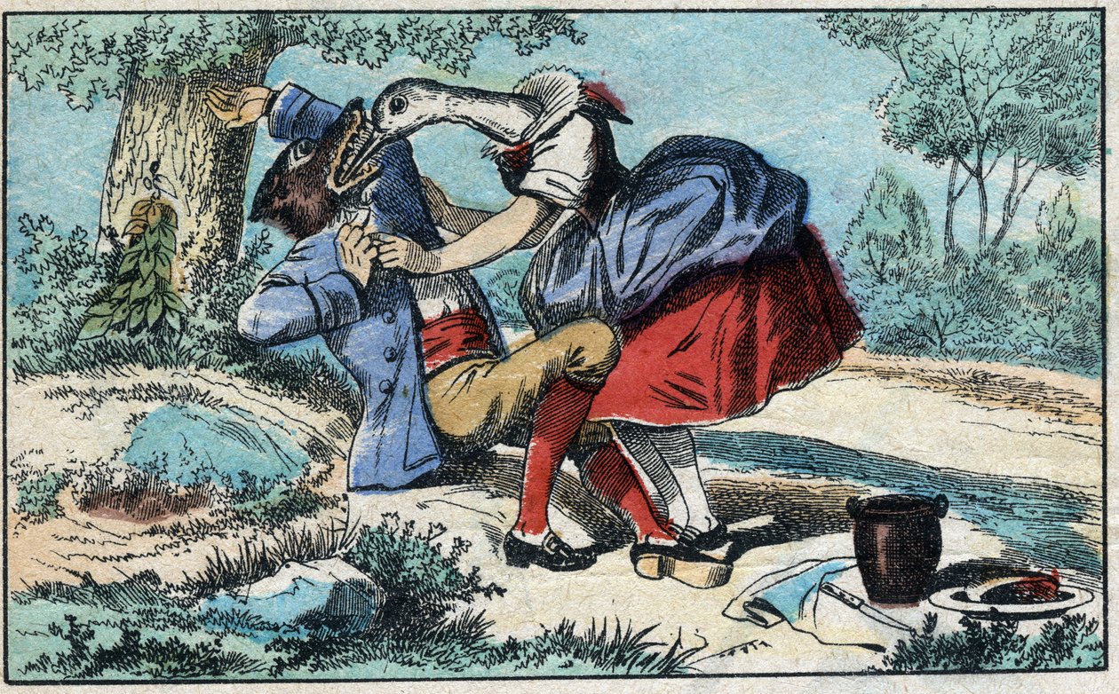 Der Wolf und der Storch. Fabeln von Jean de La Fontaine (1621-95). Epinal-Bild Ende des 19. Jahrhunderts. von French School