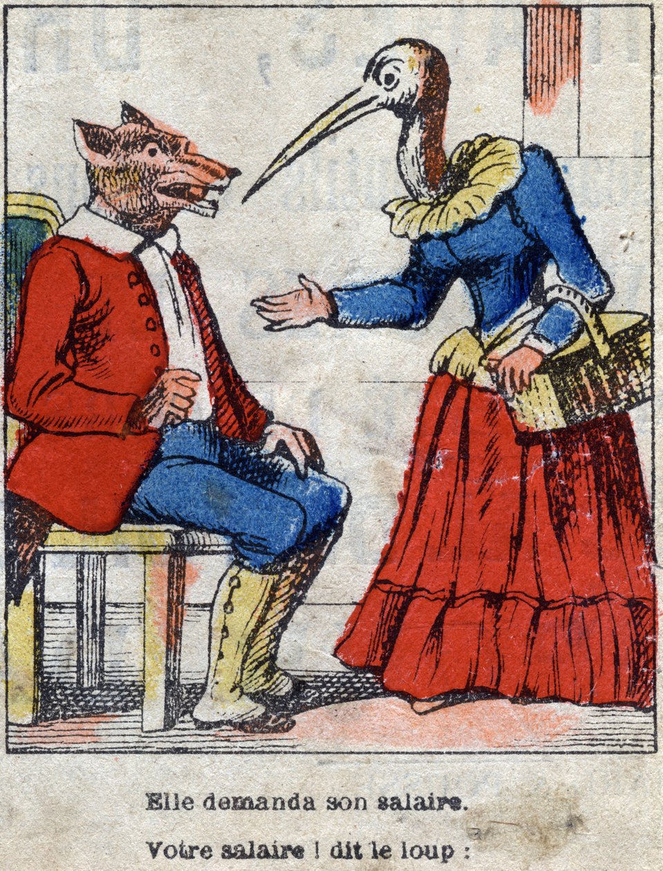 Der Wolf und der Storch. Fabeln von Jean de La Fontaine (1621-95). Epinal-Bildgebung Ende des 19. Jahrhunderts. von French School
