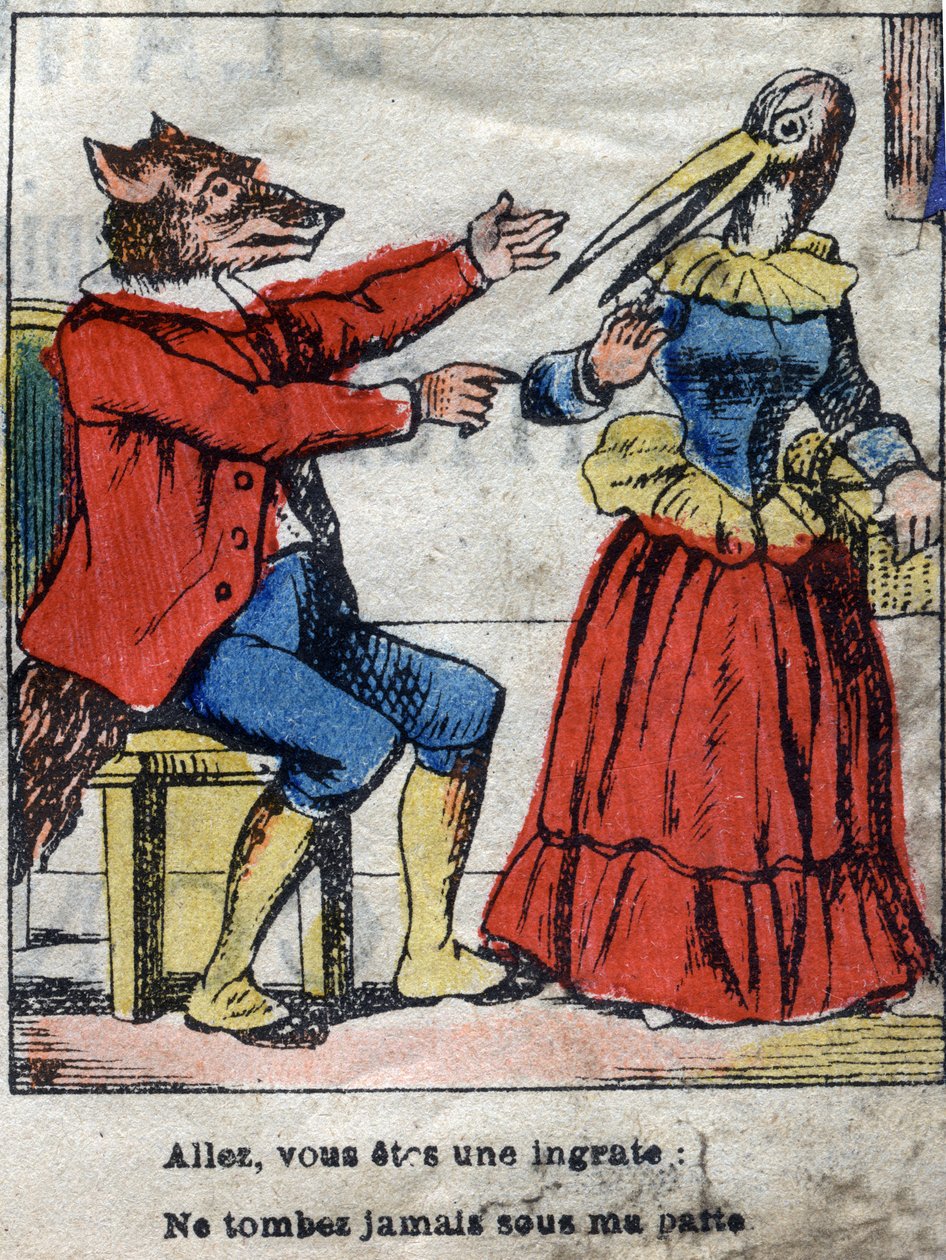 Der Wolf und der Storch. Fabeln von Jean de La Fontaine (1621-95). Epinal-Bildgebung Ende des 19. Jahrhunderts. von French School