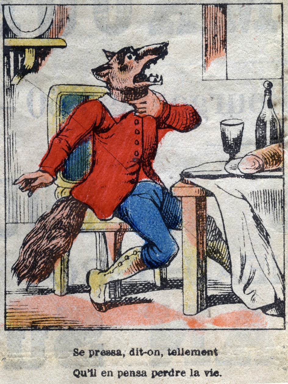 Der Wolf und der Storch. Fabeln von Jean de La Fontaine (1621-95). Epinal-Bildgebung Ende des 19. Jahrhunderts. von French School
