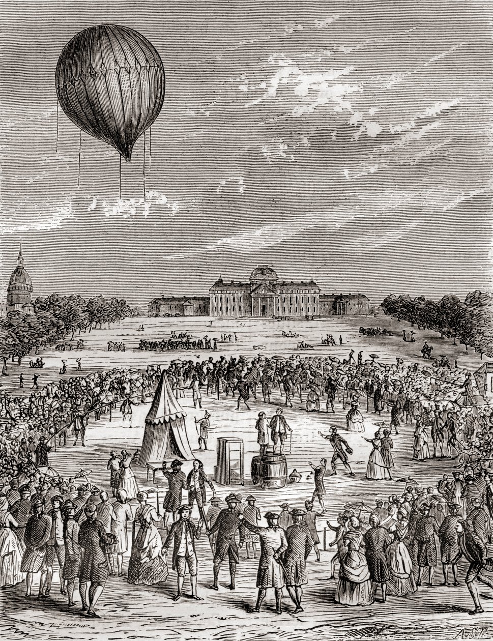 Der erste Wasserstoffballon der Welt, gestartet über dem Champs de Mars, Paris, Frankreich im Jahr 1783, aus Les Merveilles de la Science, veröffentlicht um 1870 (Stich) von French School
