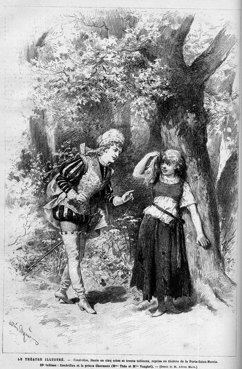 Theateraufführung: Aschenputtel und der Prinz Charming gespielt von Mme Theo und Melle Vanghel für das Stück „Cendrillon“ von Clairville (Louis François Nicolaie) von French School