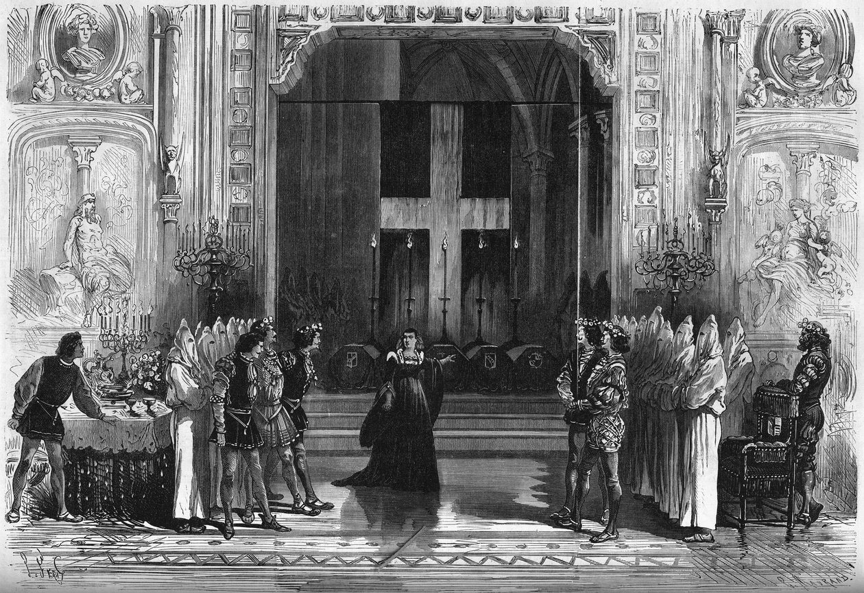 Theateraufführung: Szene der Särge in „Lucrece Borgia“ von Victor Hugo (1802-1885). Paris, Théâtre de la Porte Saint-Martin von French School