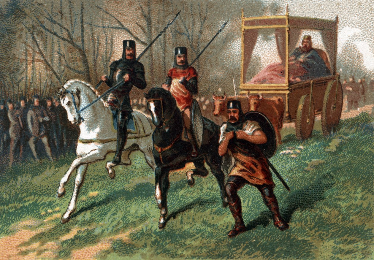 Thierry I (? - 533), König von Austrasien auf einem von Ochsen gezogenen Wagen. Chromolithographie aus dem späten 19. Jahrhundert. von French School